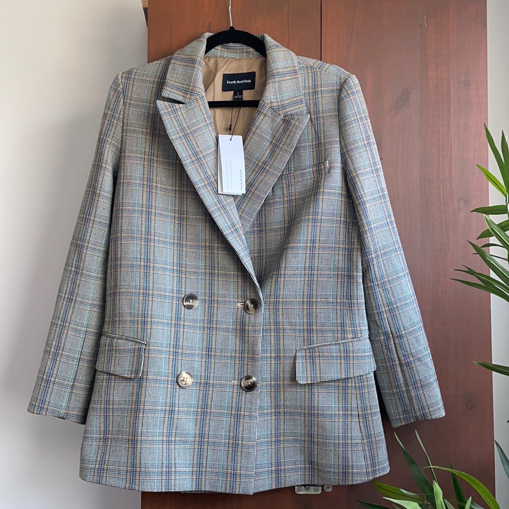 Double-Breasted Long Plaid Blazer in Multi